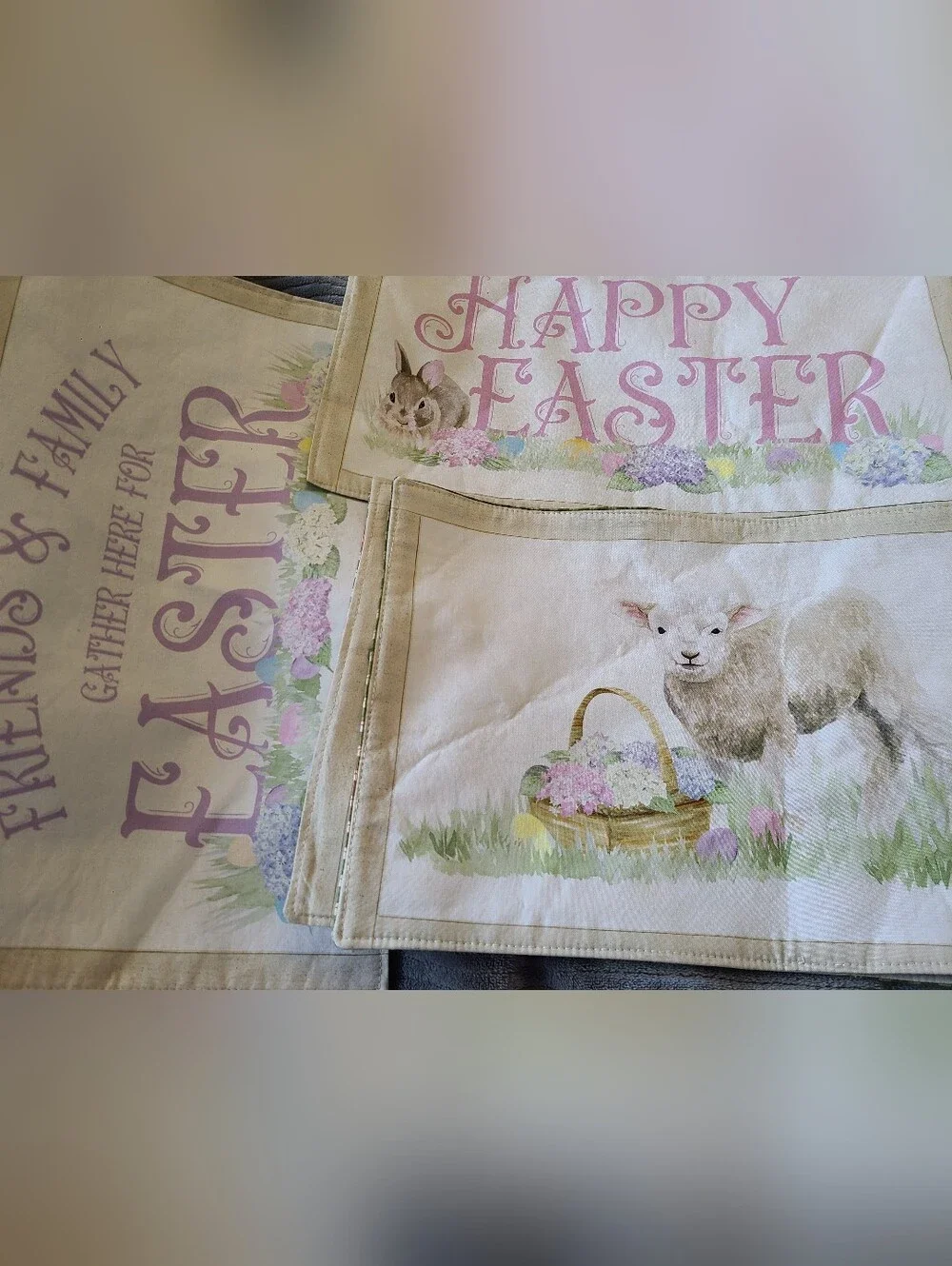 Set of 8 NEW Easter holiday cloth placemats beige/white w/green plaid back